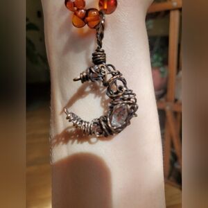 Handcrafted Wire Wrapped Crescent Moon and Herkimer diamond Pendant